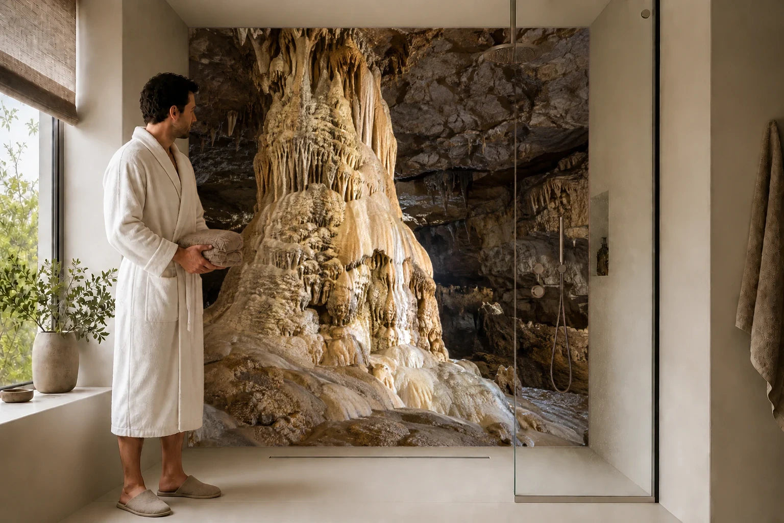 Duschrückwand „Tropfsteinsäule im großen Höhlenraum“ in einer Dusche mit einem Mann im Bademantel