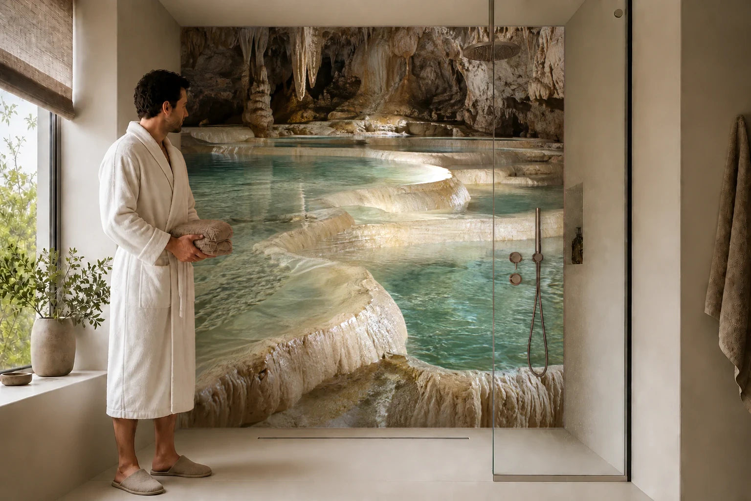 Duschrückwand „Weiße Sinterterrassen im Höhlengrund“ in einer Dusche mit einem Mann im Bademantel
