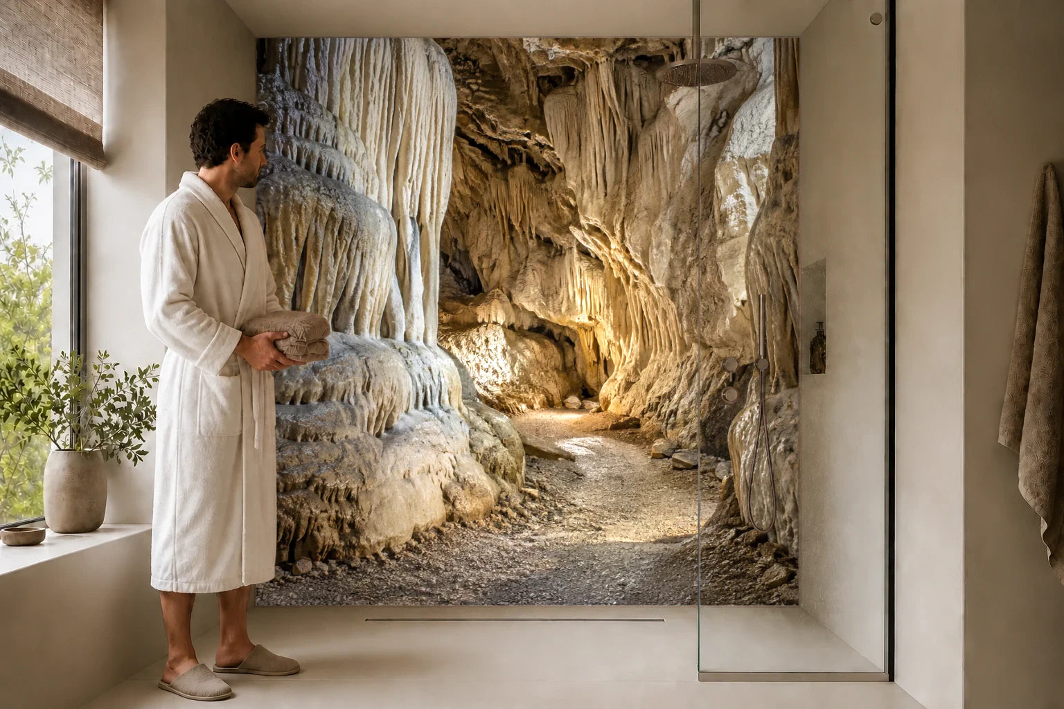 Duschrückwand „Höhlengang zwischen alten Kalksäulen“ in einer Dusche mit einem Mann im Bademantel