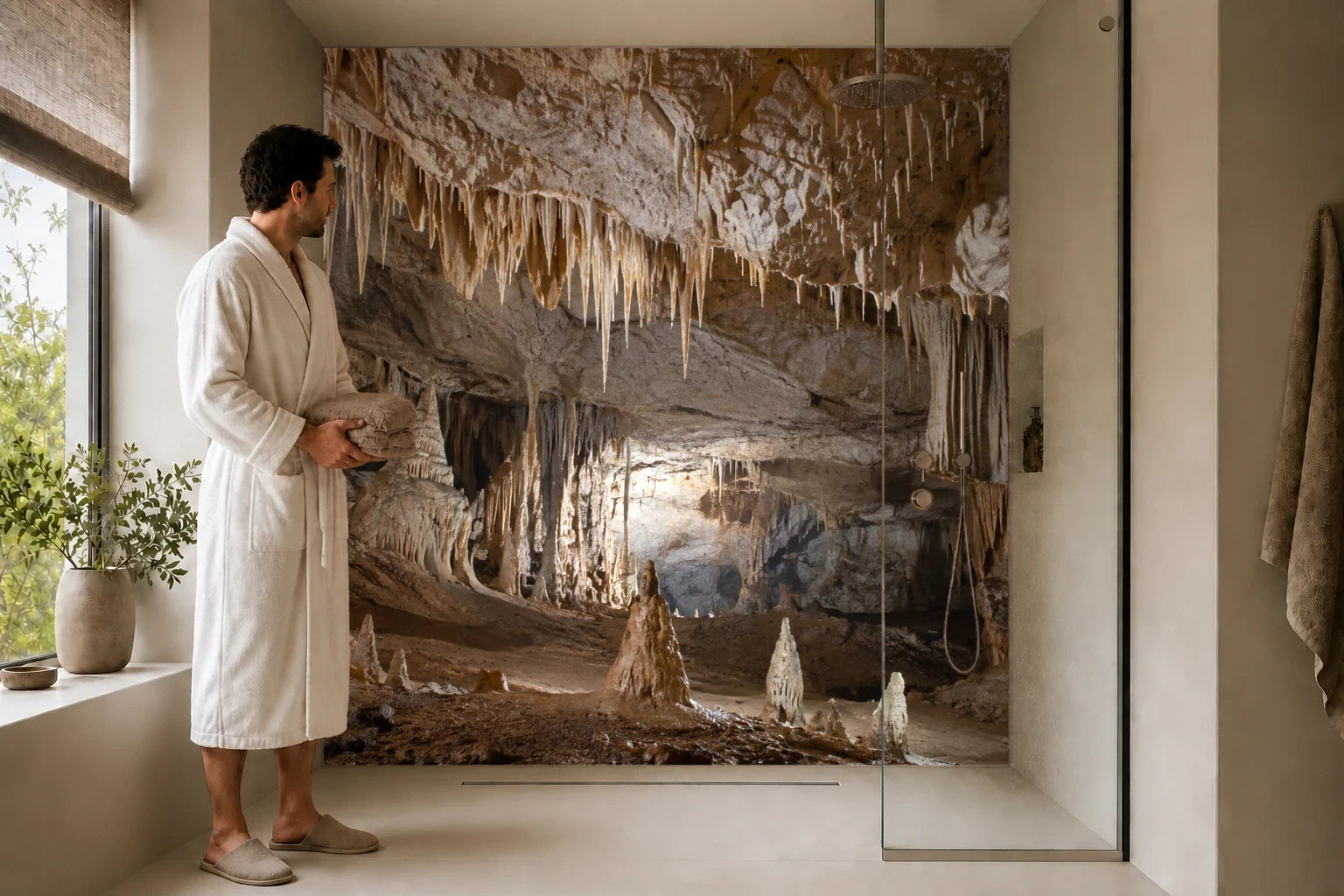 Duschrückwand „Feine Tropfsteine unter hellem Kalkgewölbe“ in einer Dusche mit einem Mann im Bademantel