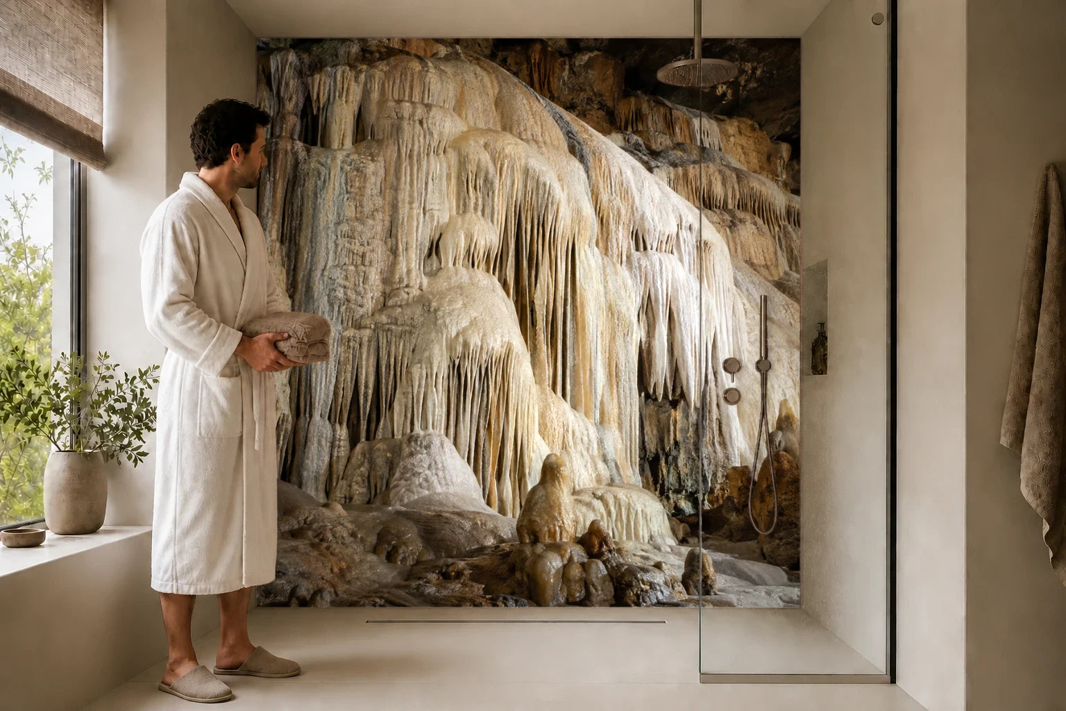 Duschrückwand „Sinterkaskade an der Höhlenwand“ in einer Dusche mit einem Mann im Bademantel