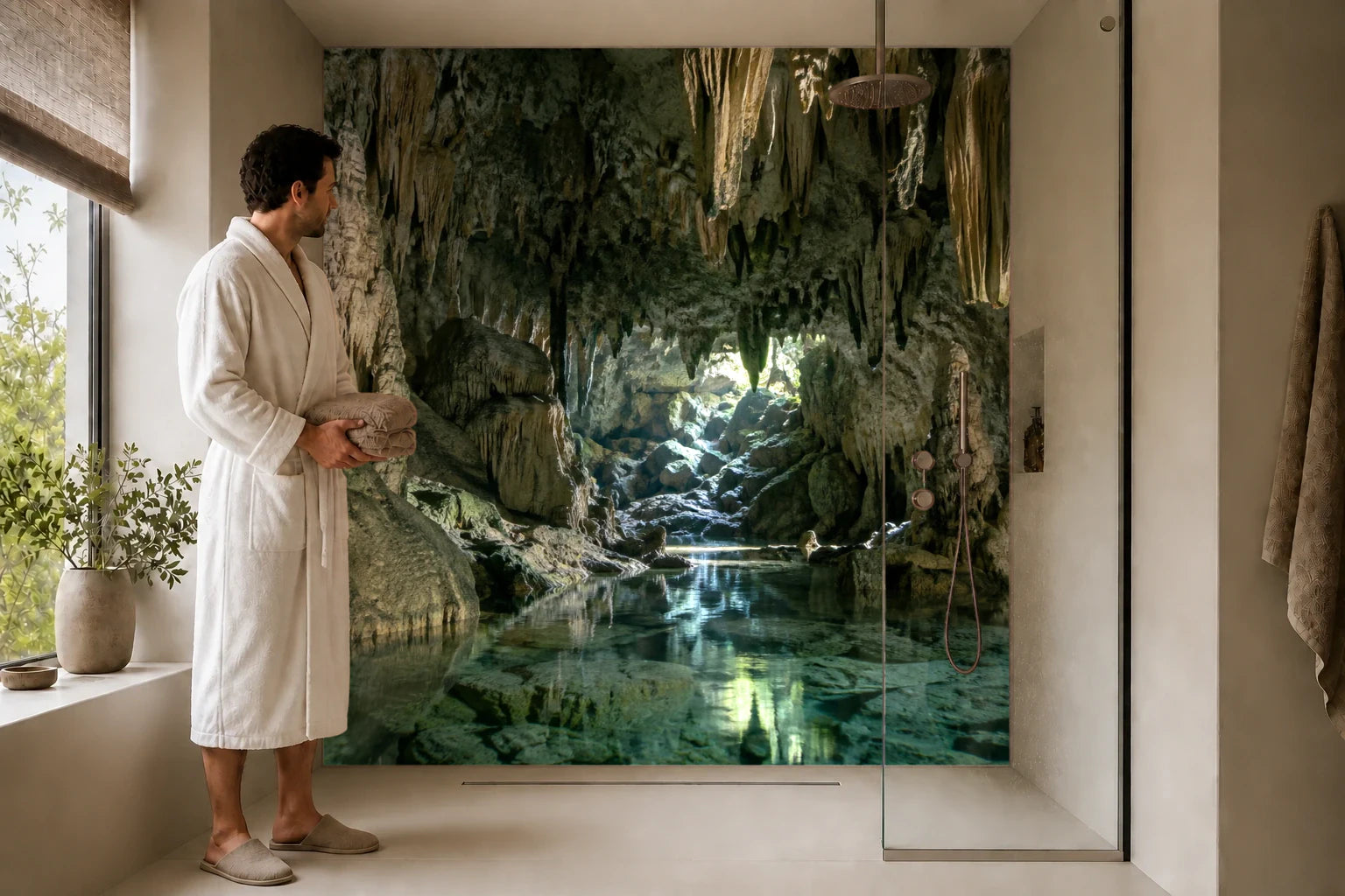 Duschrückwand „Tropfsteinhöhle mit natürlichem Tageslicht“ in einer Dusche mit einem Mann im Bademantel