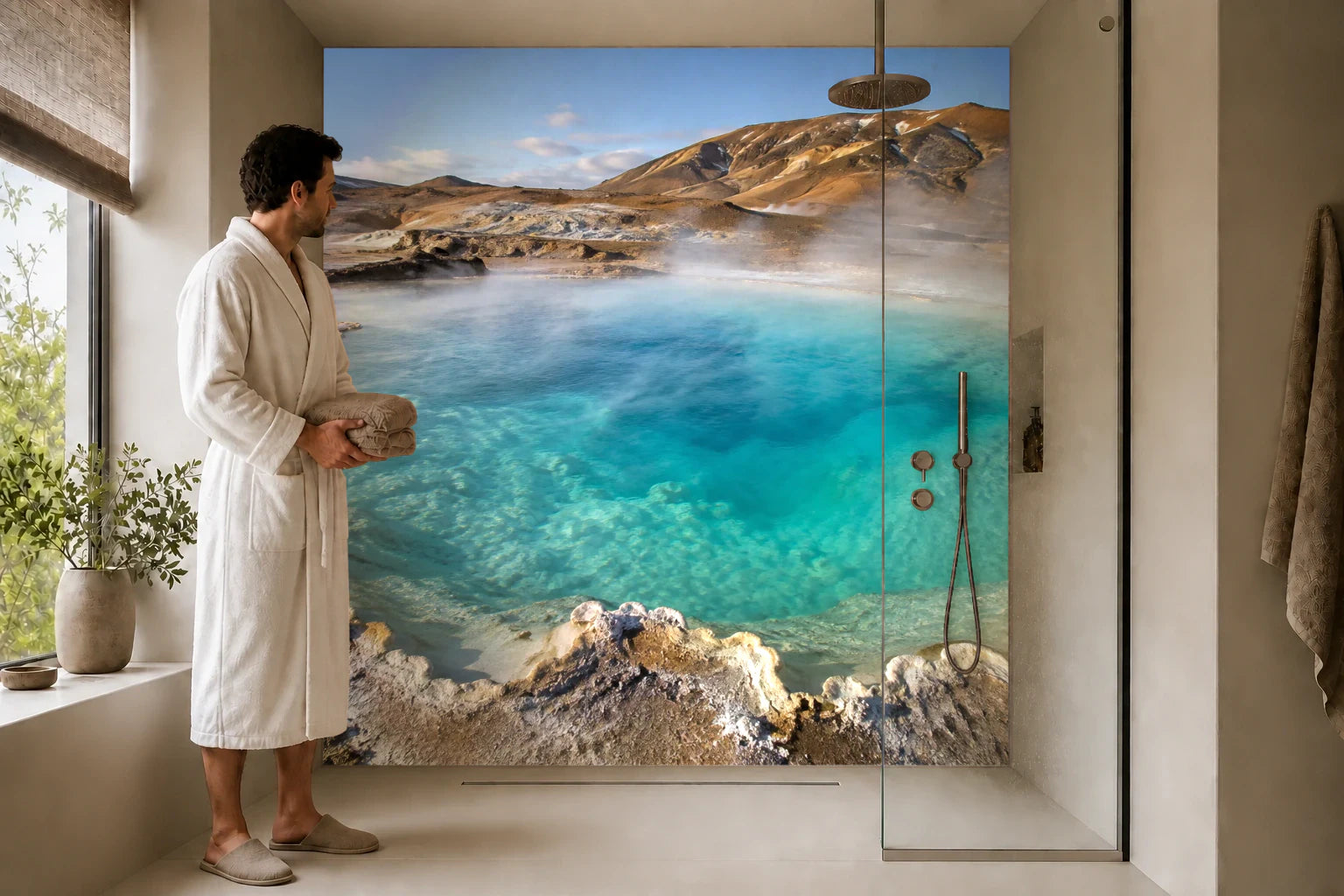 Duschrückwand „Türkise Thermalquelle im vulkanischen Tal“ in einer Dusche mit einem Mann im Bademantel