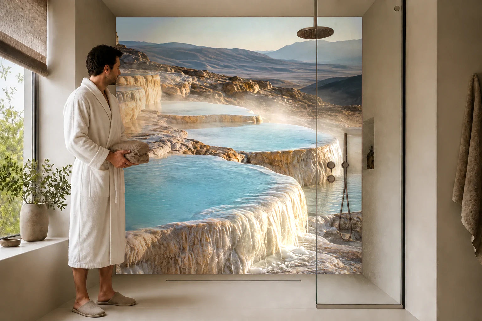Duschrückwand „Sinterbecken unter aufsteigendem Dampf“ in einer Dusche mit einem Mann im Bademantel