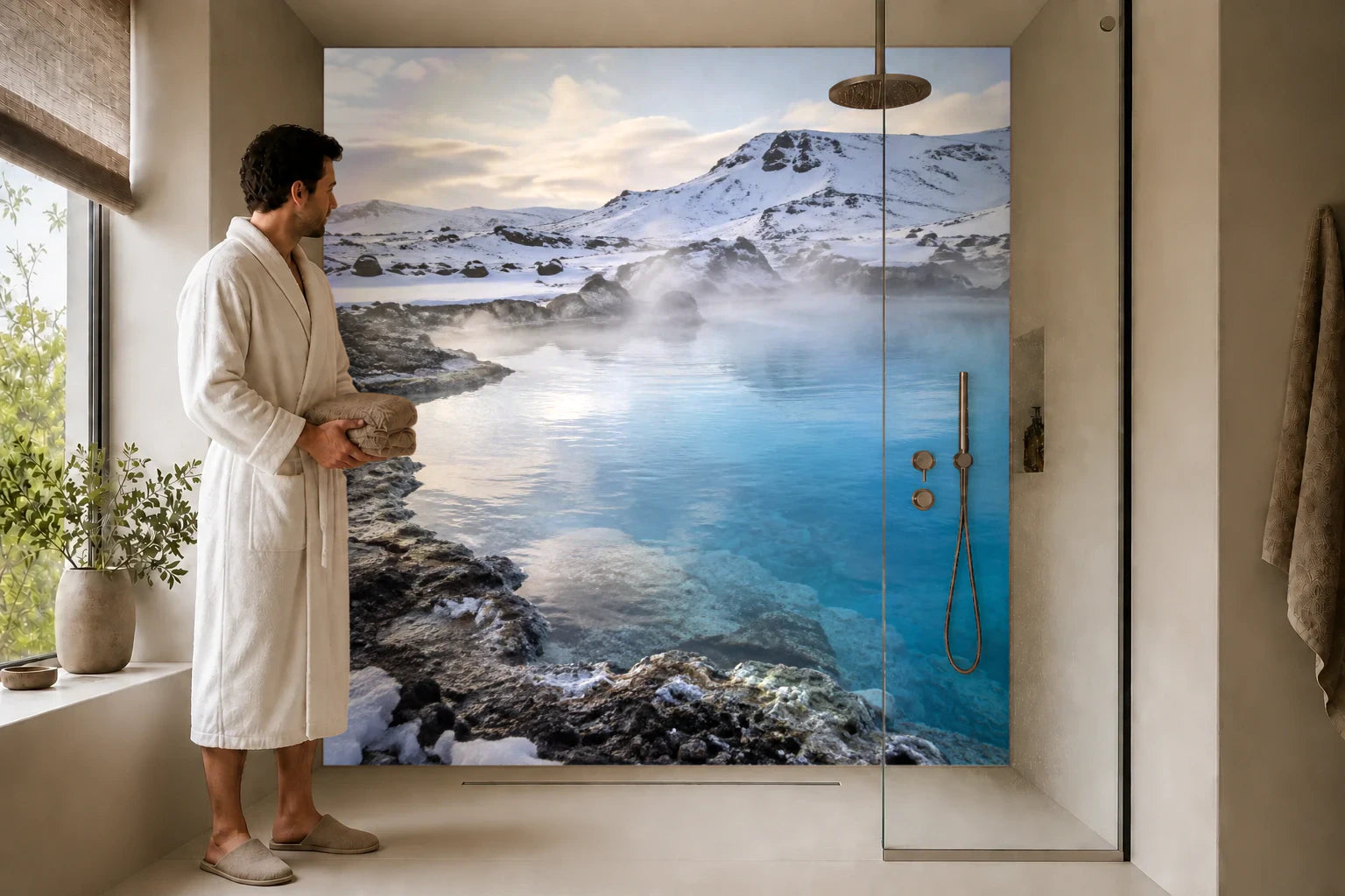 Duschrückwand „Blaue Thermalquelle am Schneeufer“ in einer Dusche mit einem Mann im Bademantel