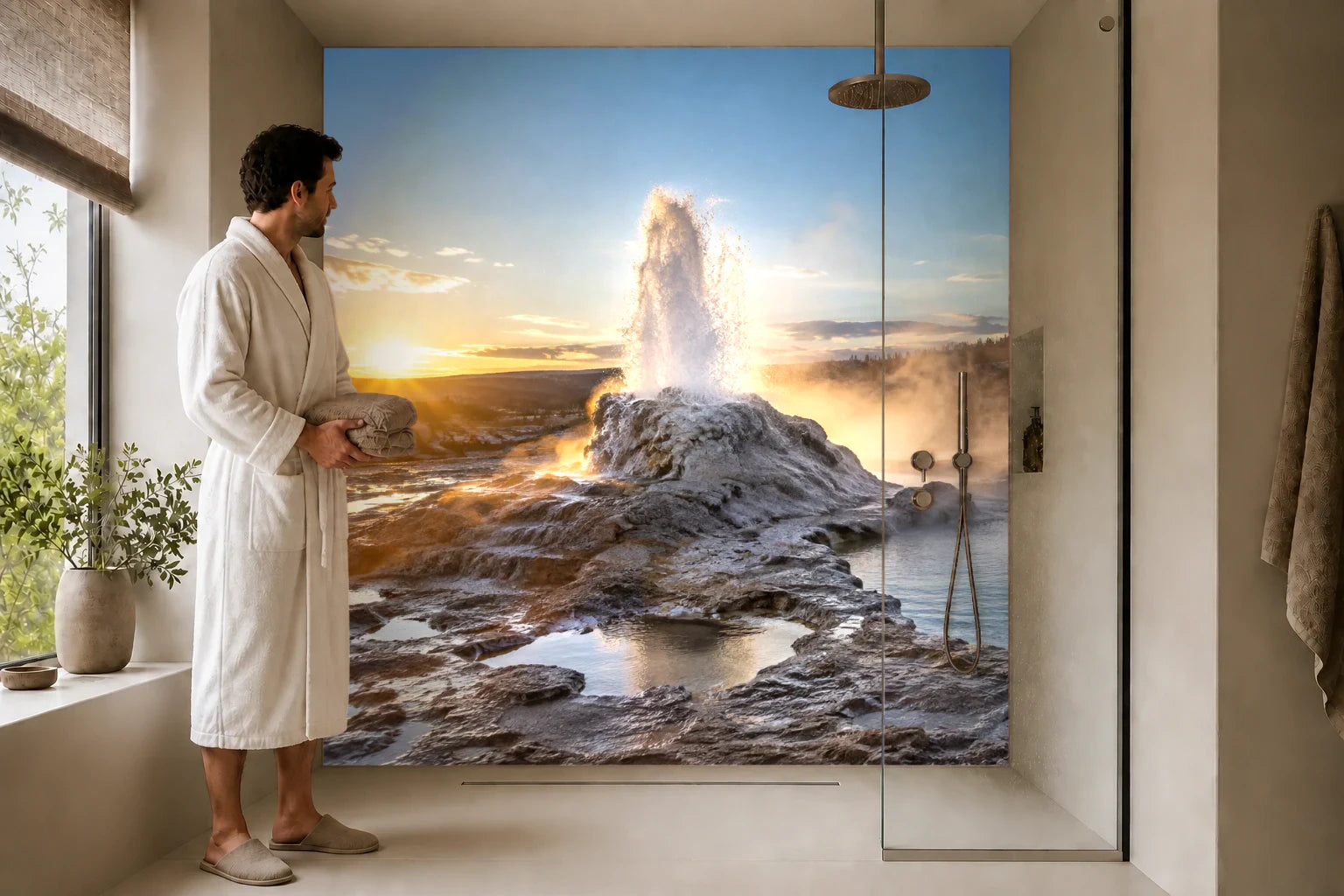 Duschrückwand „Geysirbecken im frühen Sonnenlicht“ in einer Dusche mit einem Mann im Bademantel