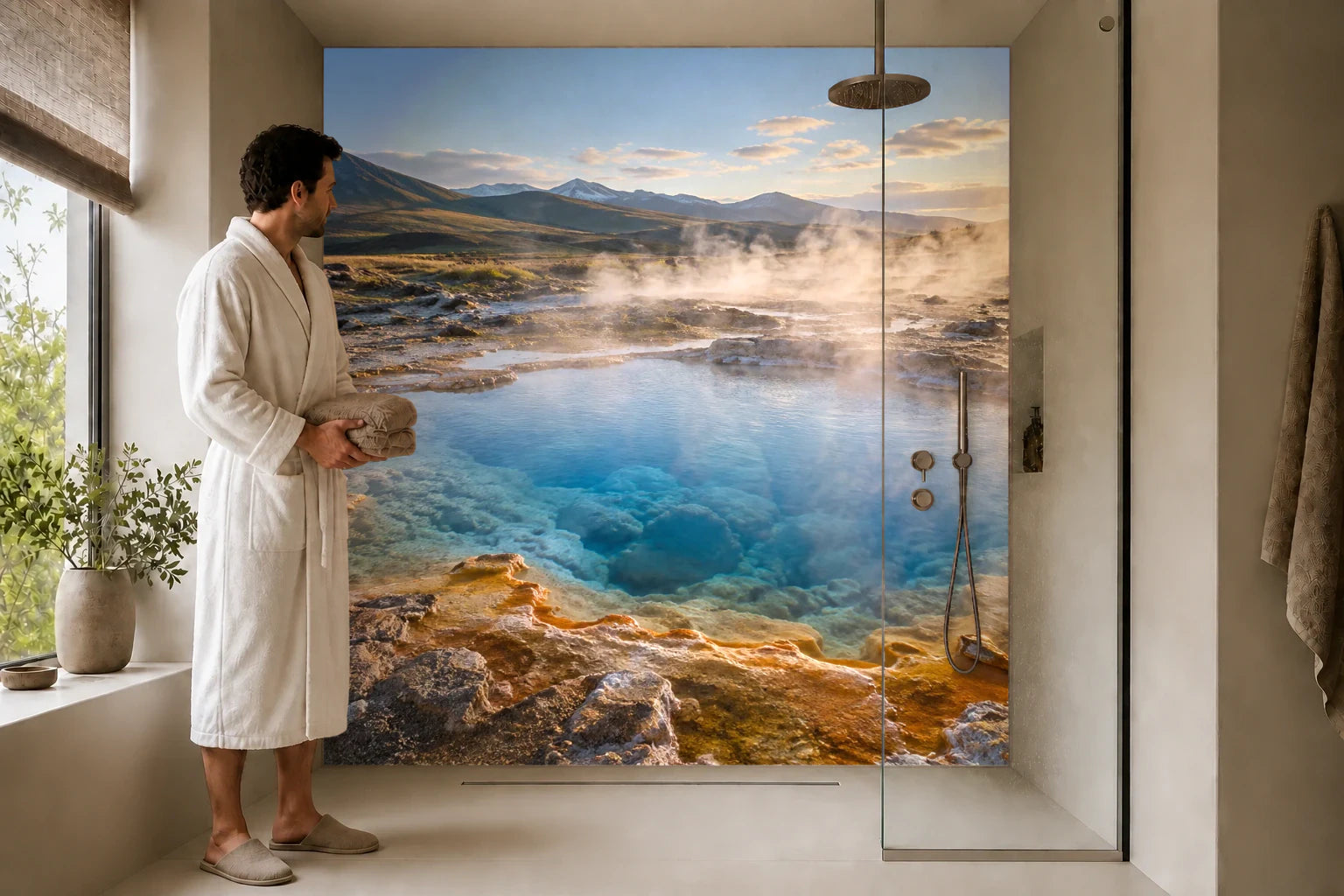 Duschrückwand „Bernsteinfarbener Quellrand im Hochland“ in einer Dusche mit einem Mann im Bademantel