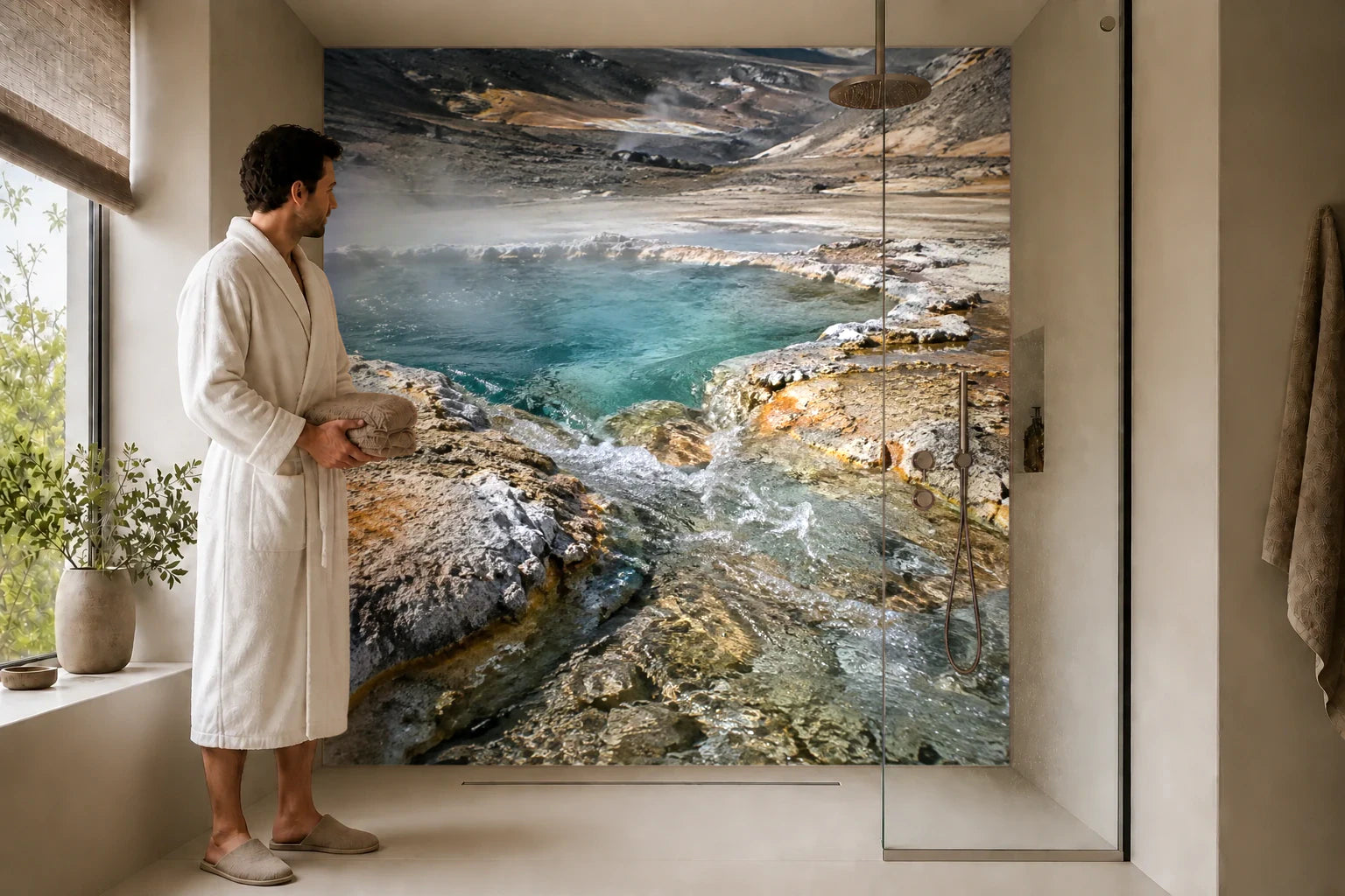 Duschrückwand „Warmer Quellbach im kühlen Tal“ in einer Dusche mit einem Mann im Bademantel