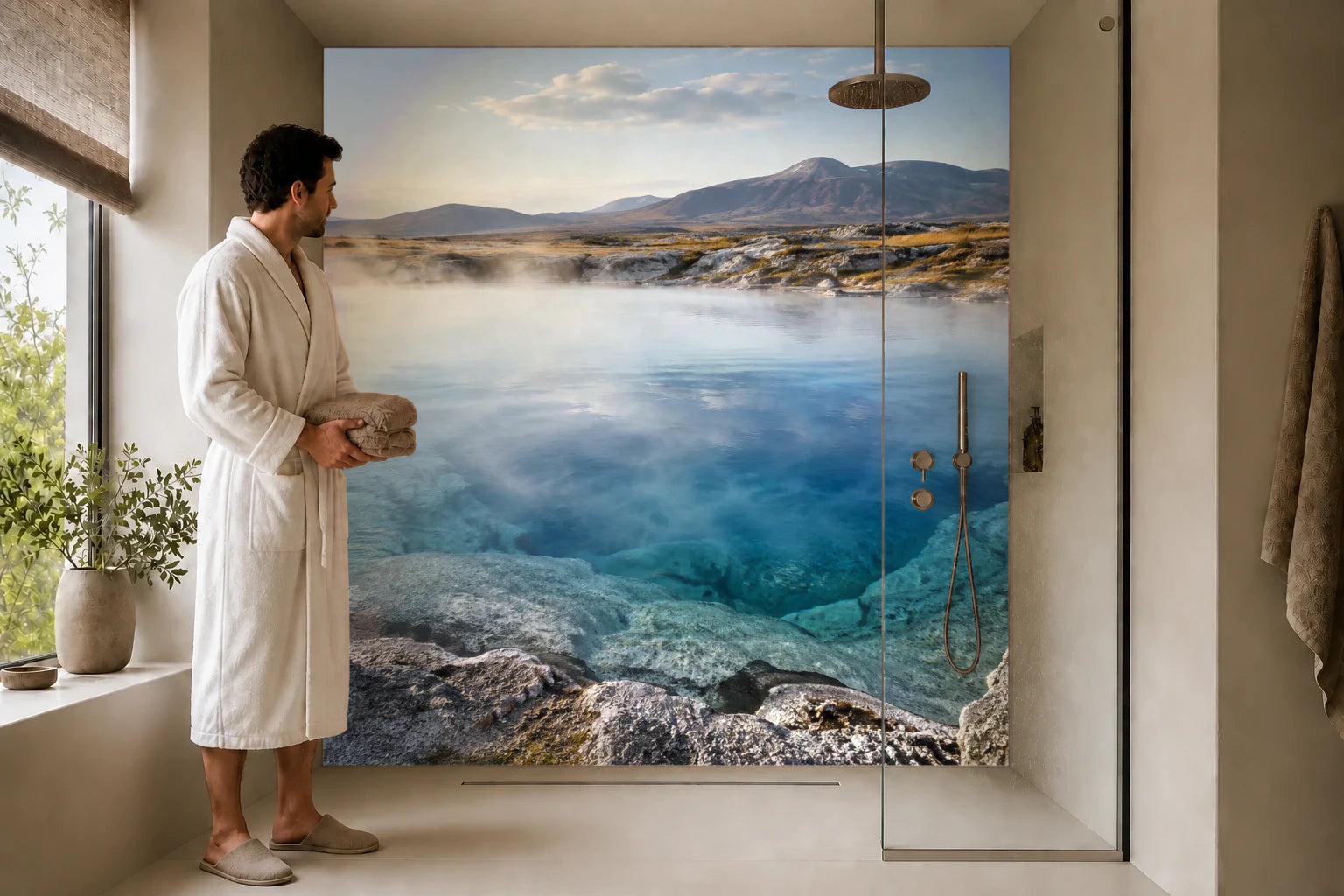 Duschrückwand „Thermalquelle unter hellem Morgennebel“ in einer Dusche mit einem Mann im Bademantel