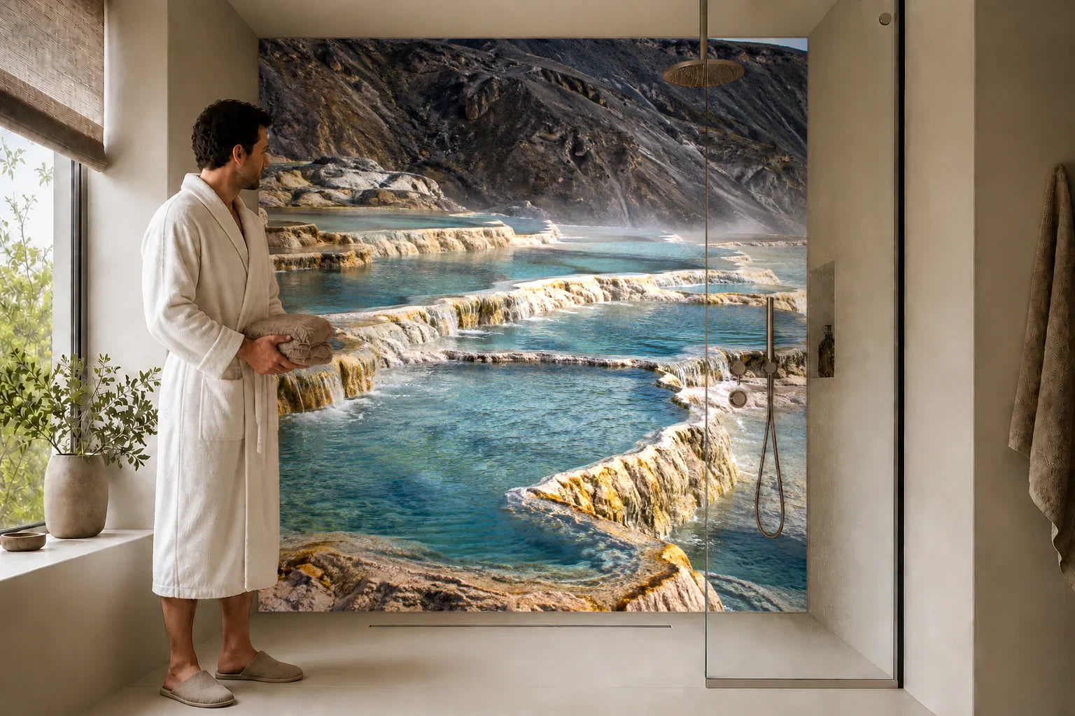 Duschrückwand „Quellterrassen vor dunklem Vulkangestein“ in einer Dusche mit einem Mann im Bademantel