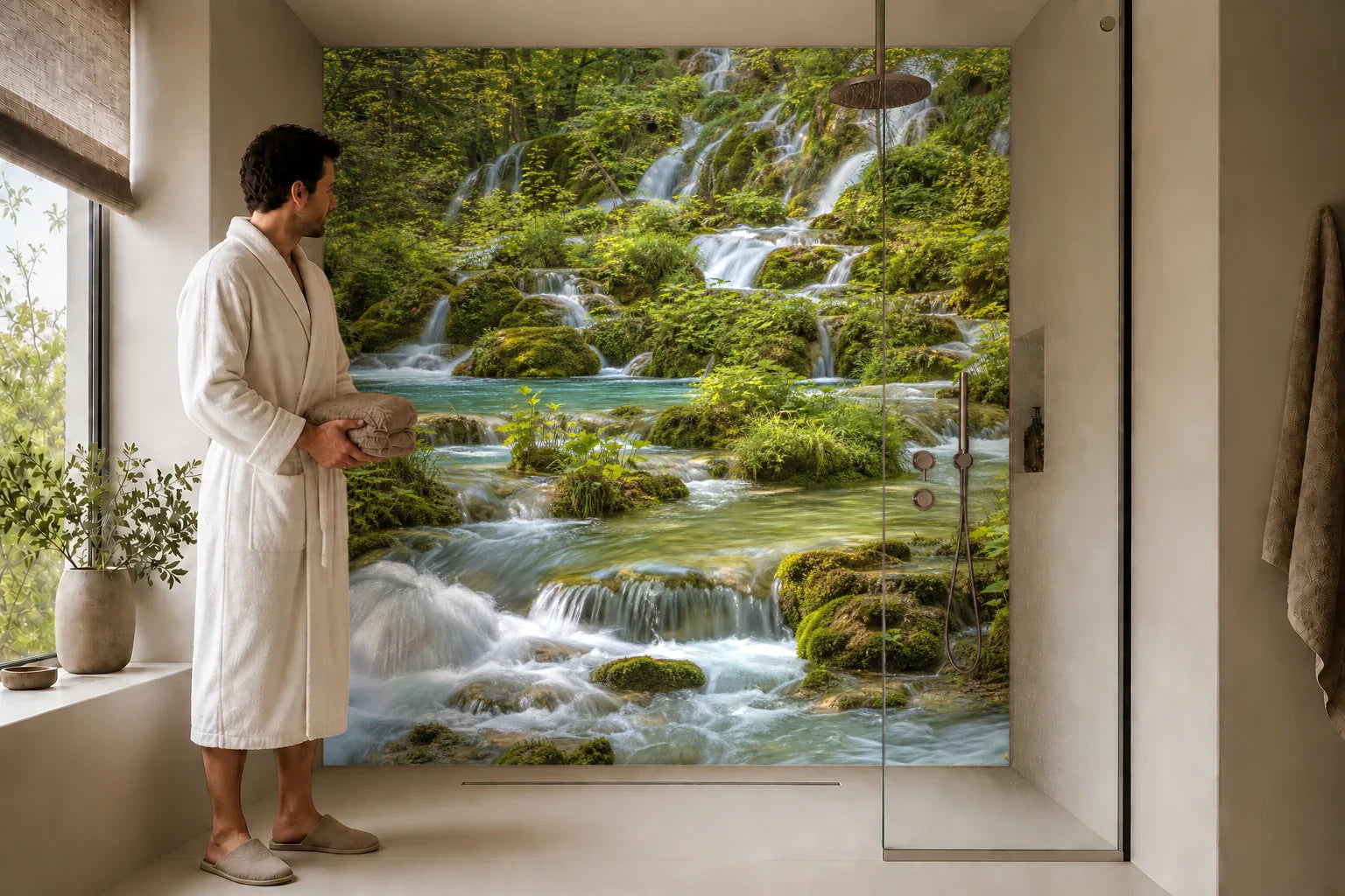 Duschrückwand „Waldkaskade in Türkis“ in einer Dusche mit einem Mann im Bademantel