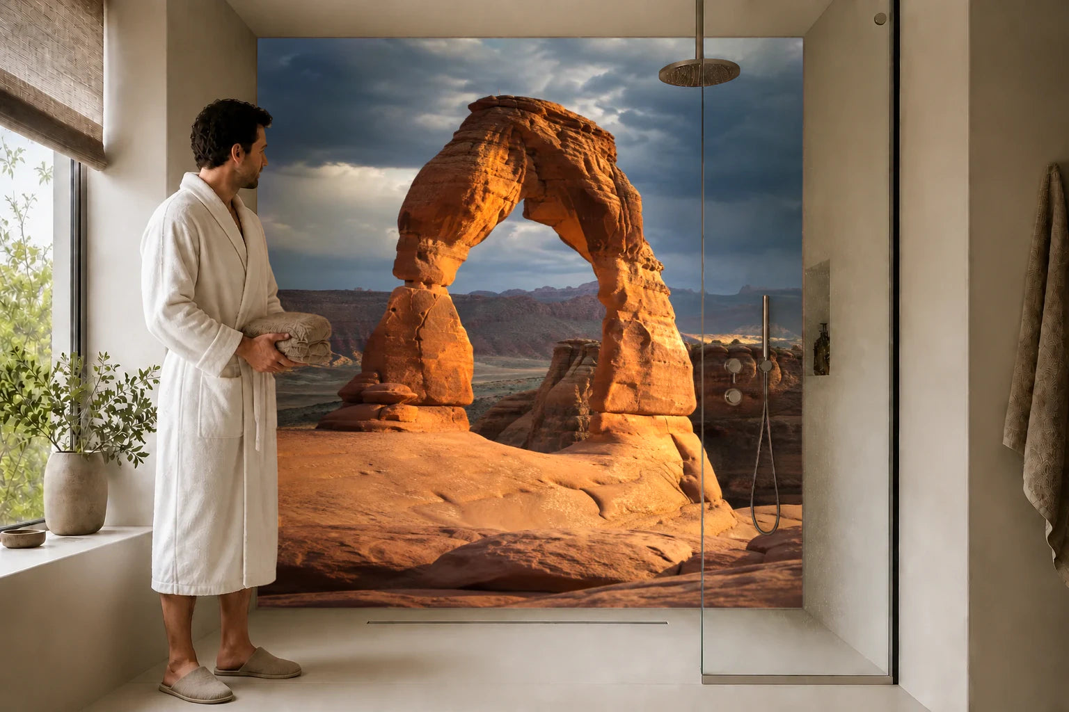 Duschrückwand „Roter Steinbogen vor dunklen Wolken“ in einer Dusche mit einem Mann im Bademantel