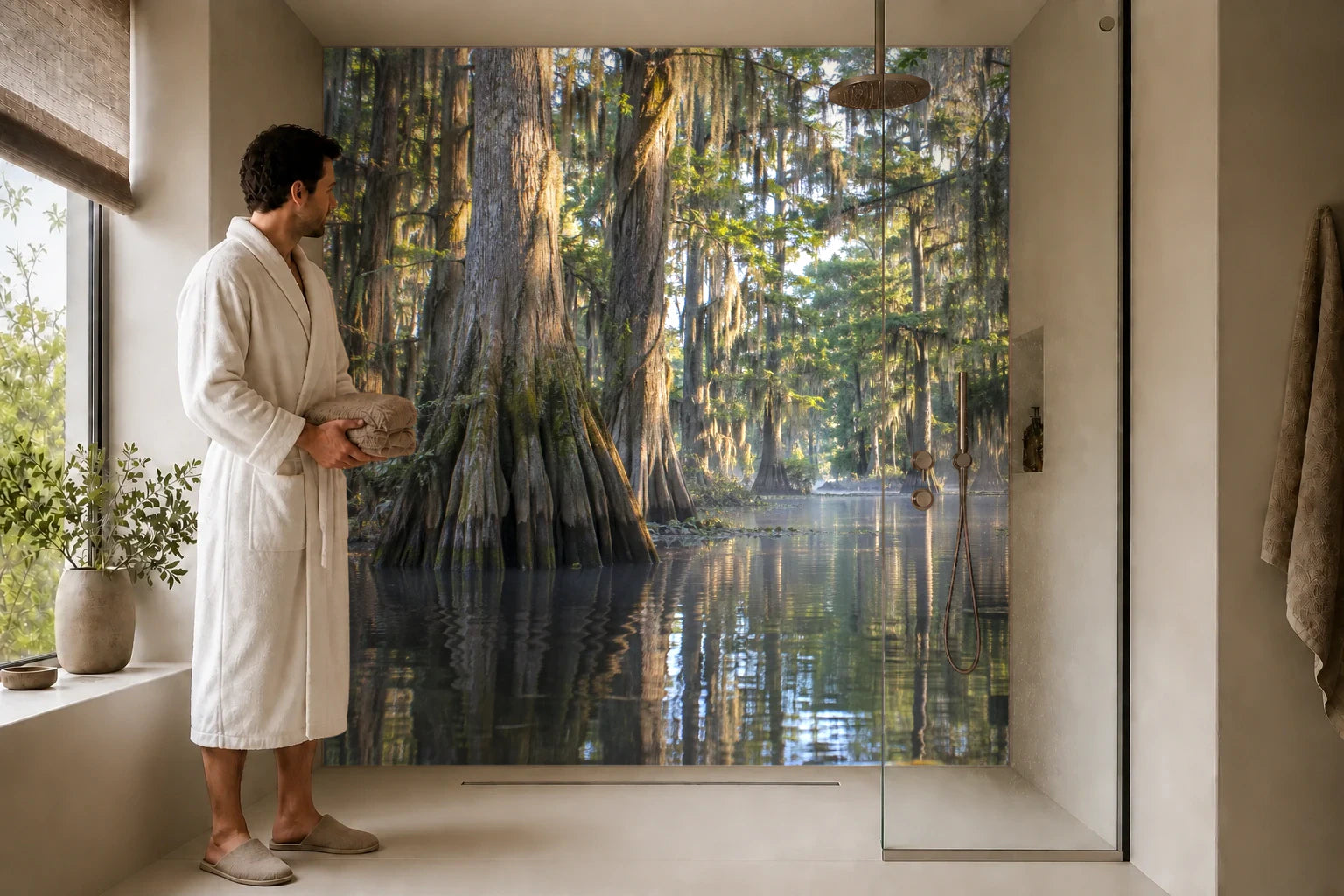 Duschrückwand „Sumpfzypressen im stillen Morgenwasser“ in einer Dusche mit einem Mann im Bademantel