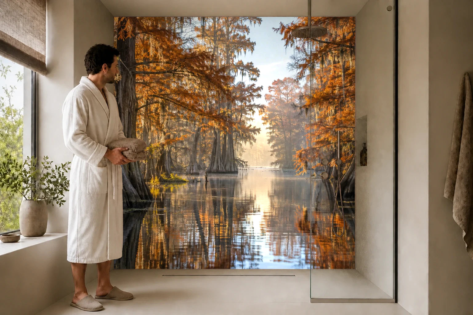 Duschrückwand „Goldenes Herbstlaub im Zypressensumpf“ in einer Dusche mit einem Mann im Bademantel