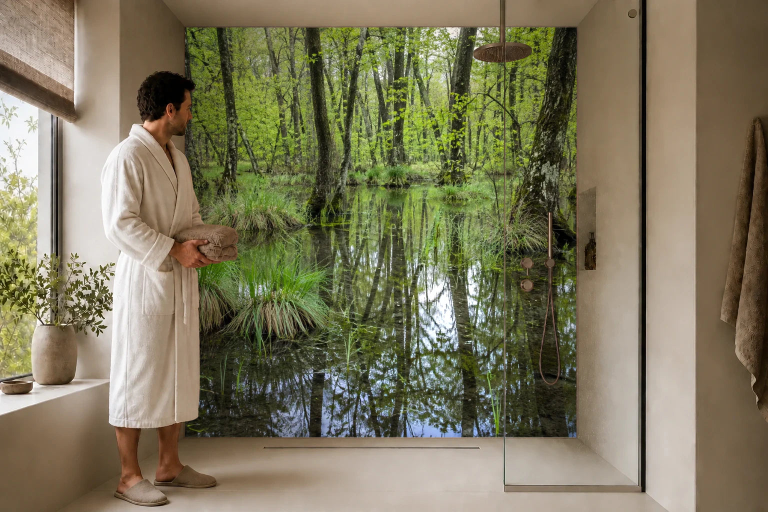 Duschrückwand „Erlenbruchwald mit hellen Wasserflächen“ in einer Dusche mit einem Mann im Bademantel