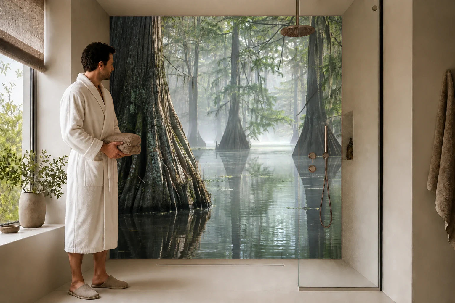Duschrückwand „Sumpfwald unter silbernem Nebel“ in einer Dusche mit einem Mann im Bademantel