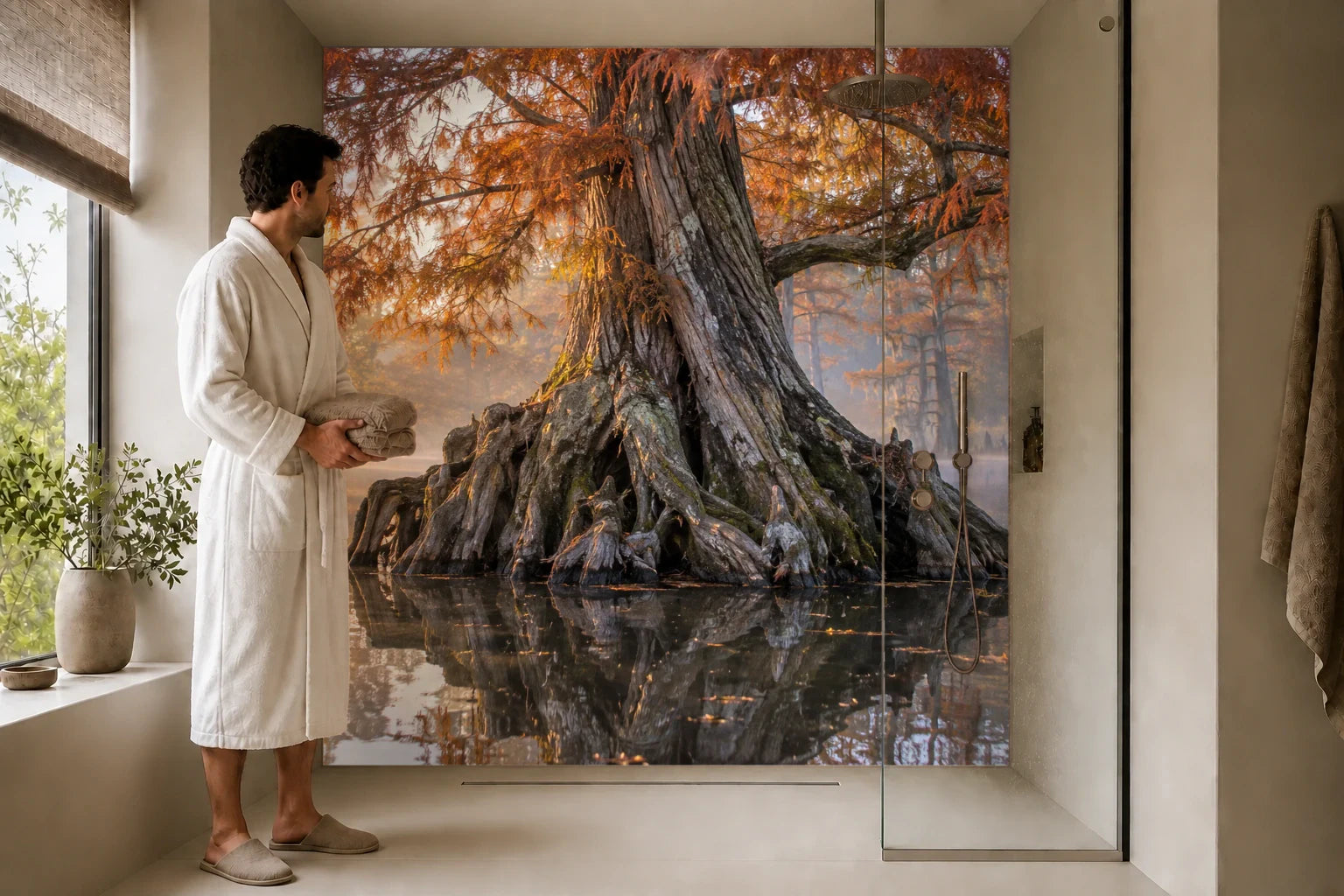 Duschrückwand „Alte Zypresse mit rotem Herbstlaub“ in einer Dusche mit einem Mann im Bademantel
