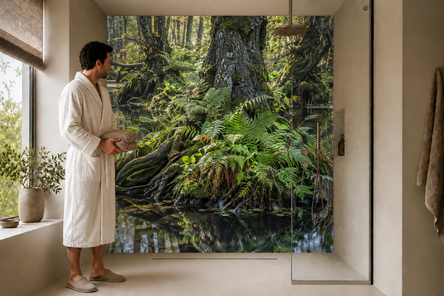 Duschrückwand „Sumpfwald mit Farninseln“ in einer Dusche mit einem Mann im Bademantel