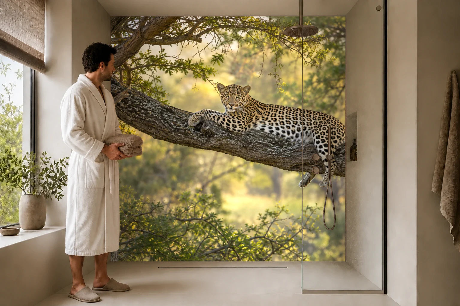 Duschrückwand „Leopard auf einem Akazienast“ in einer Dusche mit einem Mann im Bademantel