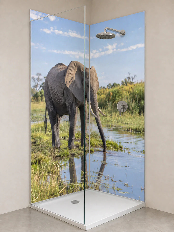 Duschrückwand „Elefant am Okavango-Wasserlauf“ als installierte Rückwand in einer hellen Dusche