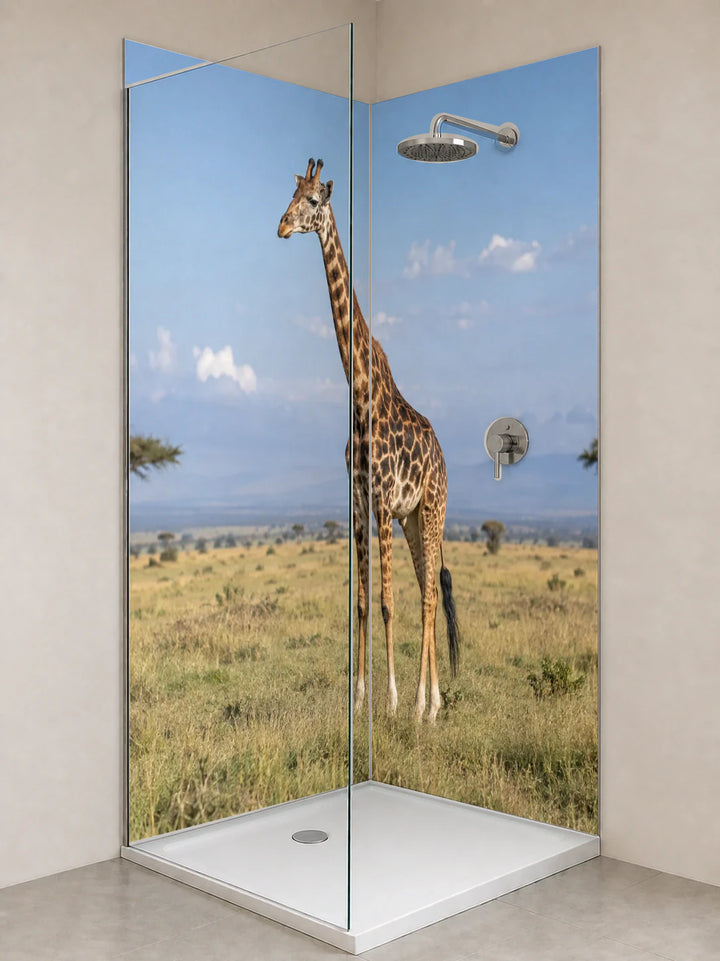 Duschrückwand „Giraffe zwischen Akazien“ als installierte Rückwand in einer hellen Dusche