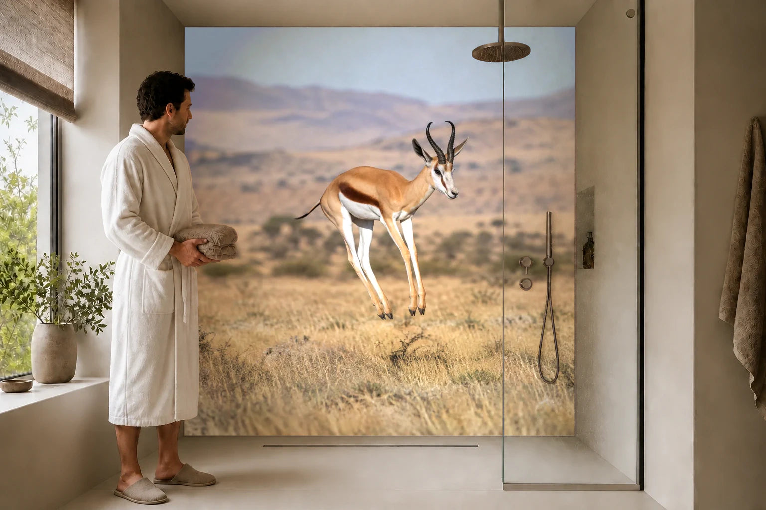 Duschrückwand „Springbock im Sprung über die Ebene“ in einer Dusche mit einem Mann im Bademantel