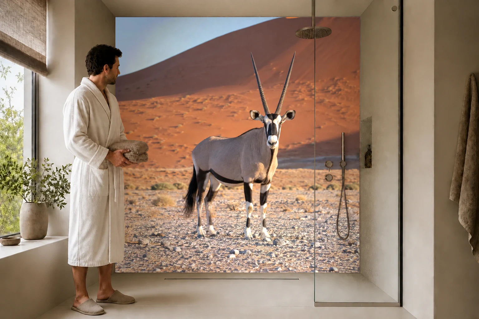 Duschrückwand „Oryx vor roten Namibdünen“ in einer Dusche mit einem Mann im Bademantel