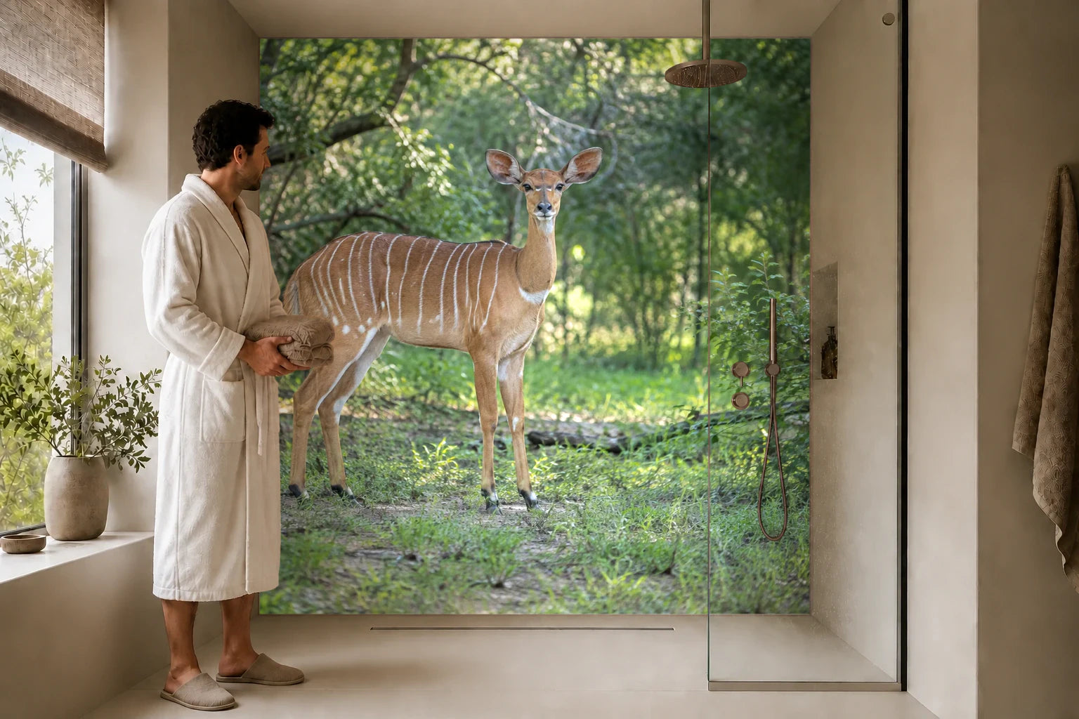 Duschrückwand „Nyala am grünen Waldrand“ in einer Dusche mit einem Mann im Bademantel