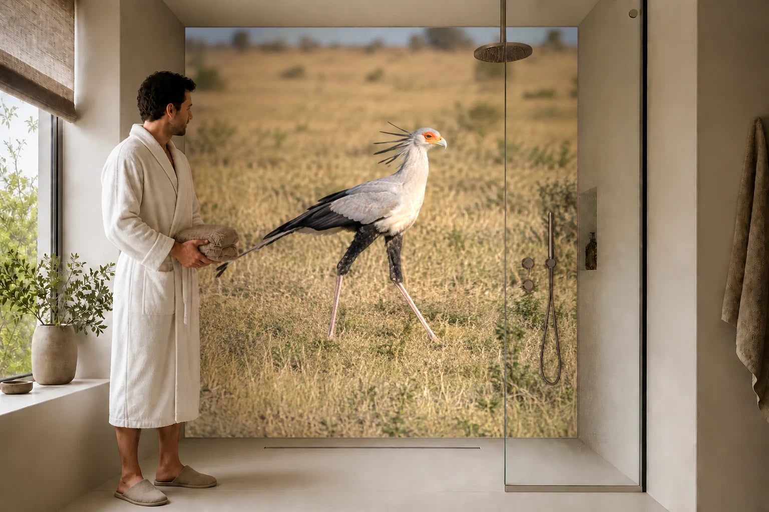 Duschrückwand „Sekretärvogel im Savannengras“ in einer Dusche mit einem Mann im Bademantel
