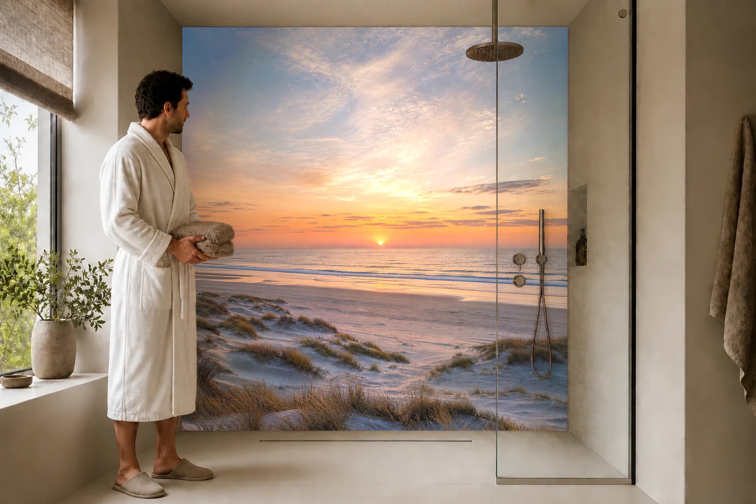 Duschrückwand „Erster Glanz am Strand“ in einer Dusche mit einem Mann im Bademantel