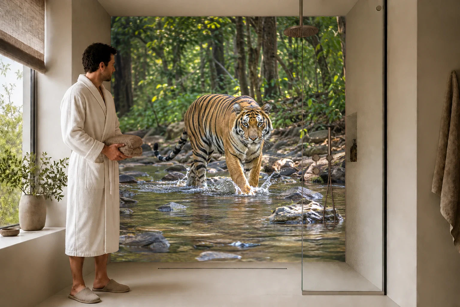 Duschrückwand „Tiger am Waldbach in Indien“ in einer Dusche mit einem Mann im Bademantel