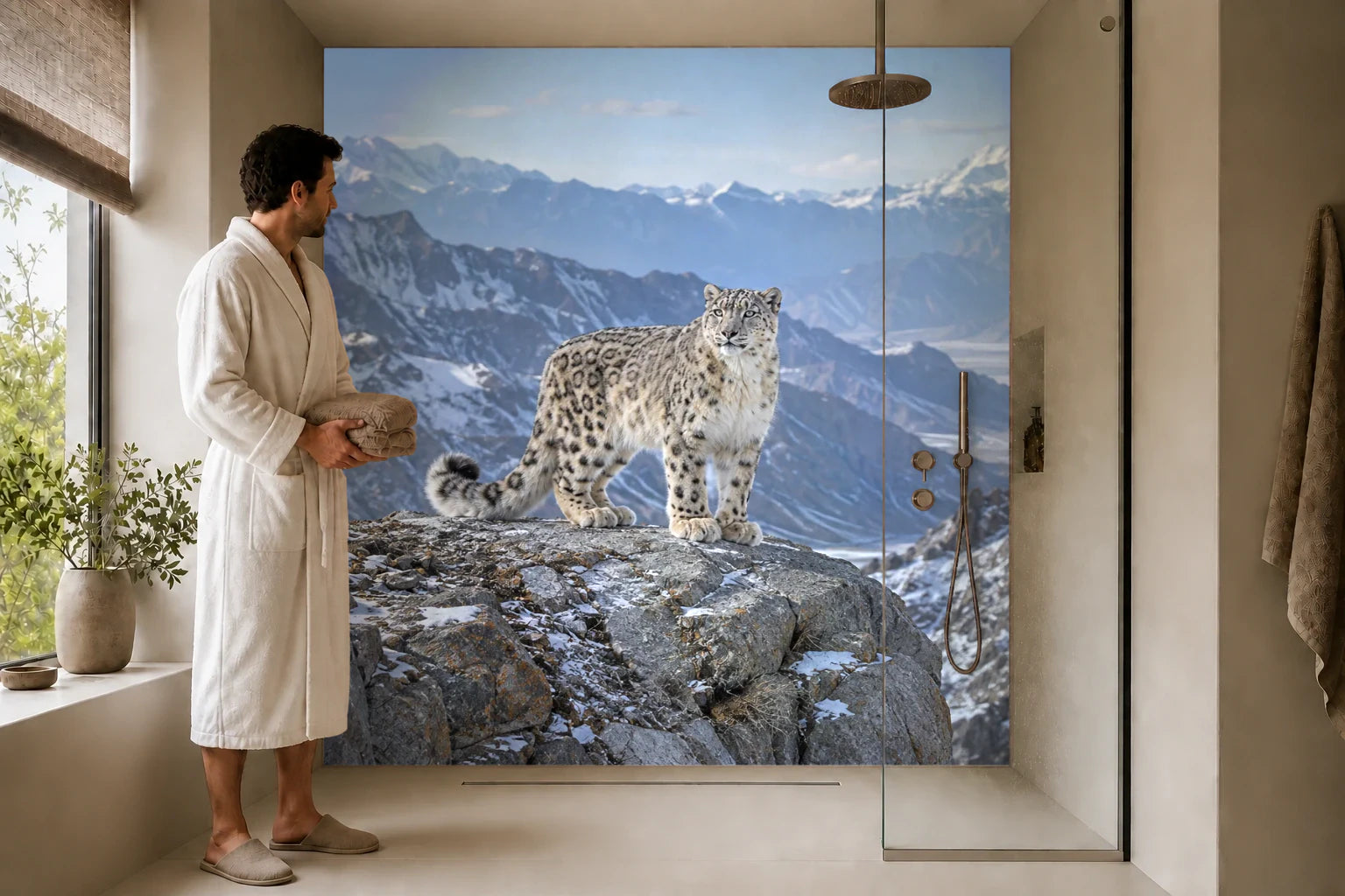 Duschrückwand „Schneeleopard auf Himalayafelsen“ in einer Dusche mit einem Mann im Bademantel