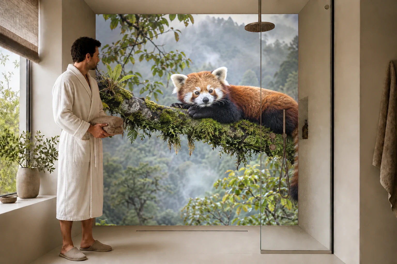 Duschrückwand „Roter Panda im nepalesischen Bergwald“ in einer Dusche mit einem Mann im Bademantel