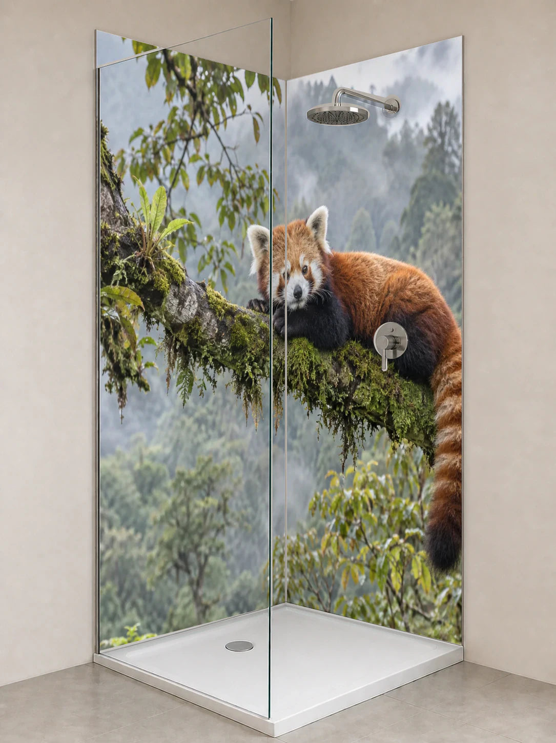 Duschrückwand „Roter Panda im nepalesischen Bergwald“ als installierte Rückwand in einer hellen Dusche