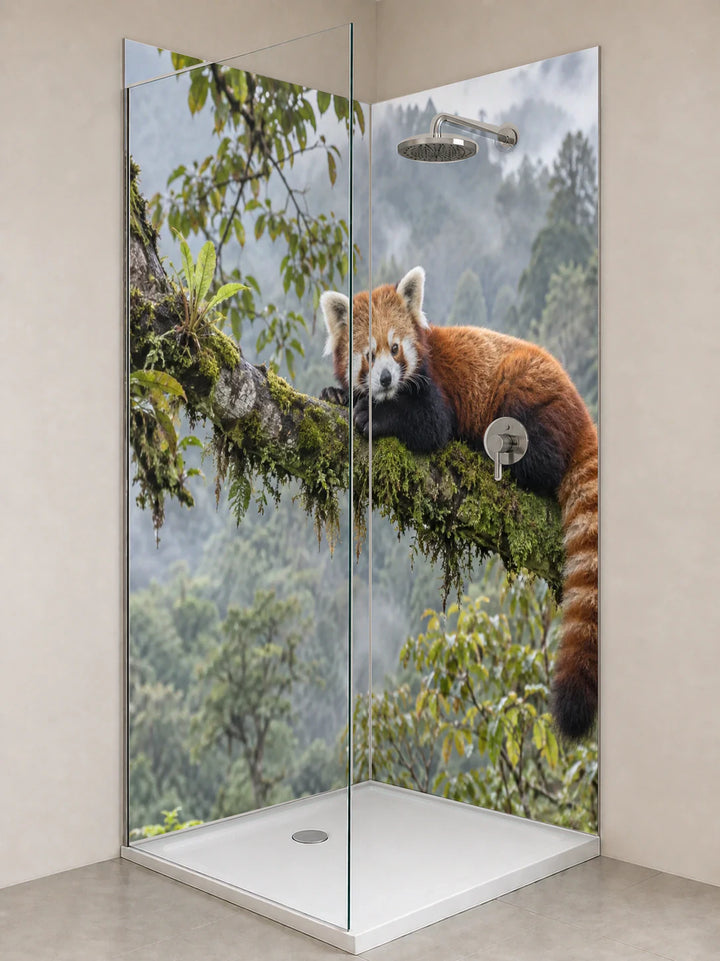 Duschrückwand „Roter Panda im nepalesischen Bergwald“ als installierte Rückwand in einer hellen Dusche