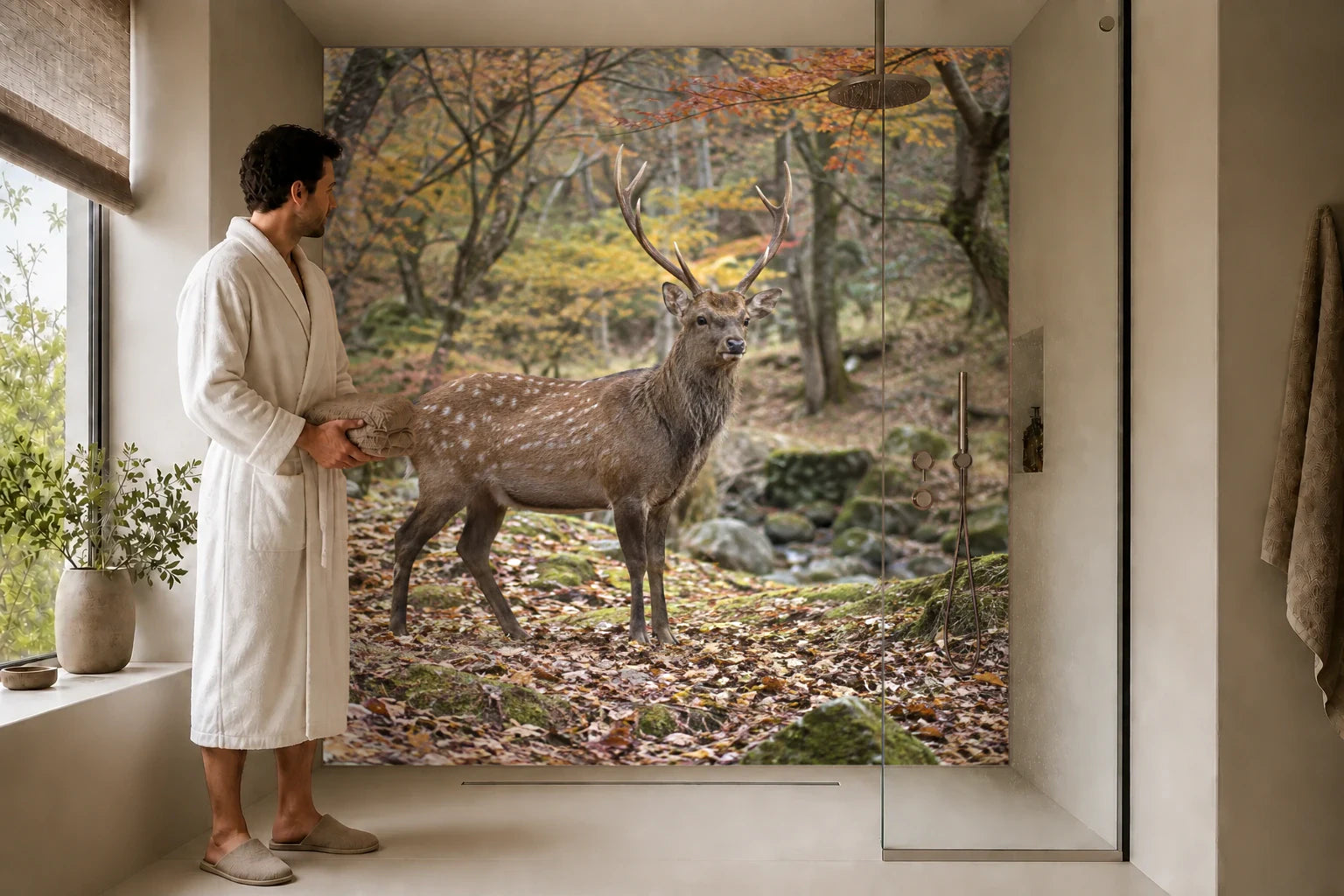 Duschrückwand „Sikahirsch im japanischen Herbstwald“ in einer Dusche mit einem Mann im Bademantel
