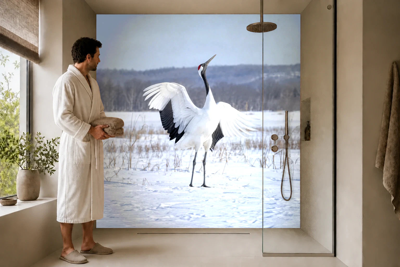 Duschrückwand „Mandschurenkranich im Schnee“ in einer Dusche mit einem Mann im Bademantel