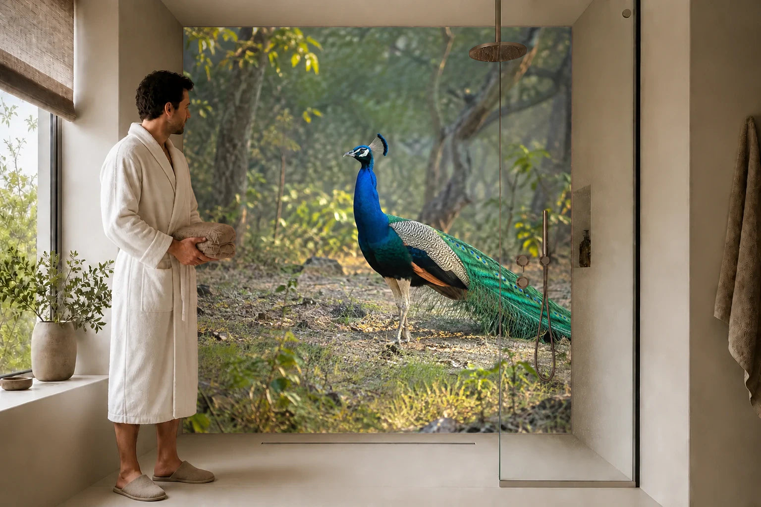 Duschrückwand „Pfau im indischen Morgenlicht“ in einer Dusche mit einem Mann im Bademantel