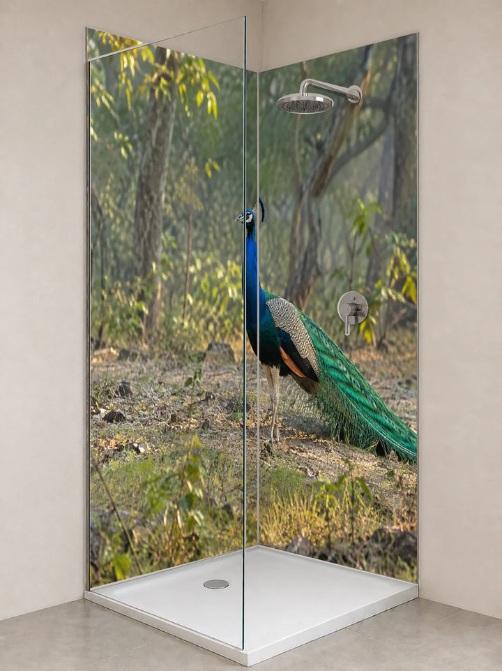 Duschrückwand „Pfau im indischen Morgenlicht“ als installierte Rückwand in einer hellen Dusche