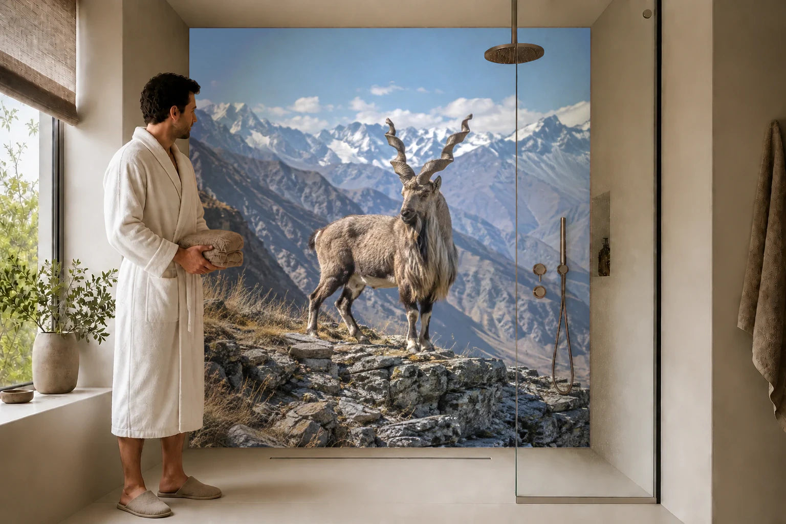 Duschrückwand „Markhor am Hang des Karakorum“ in einer Dusche mit einem Mann im Bademantel