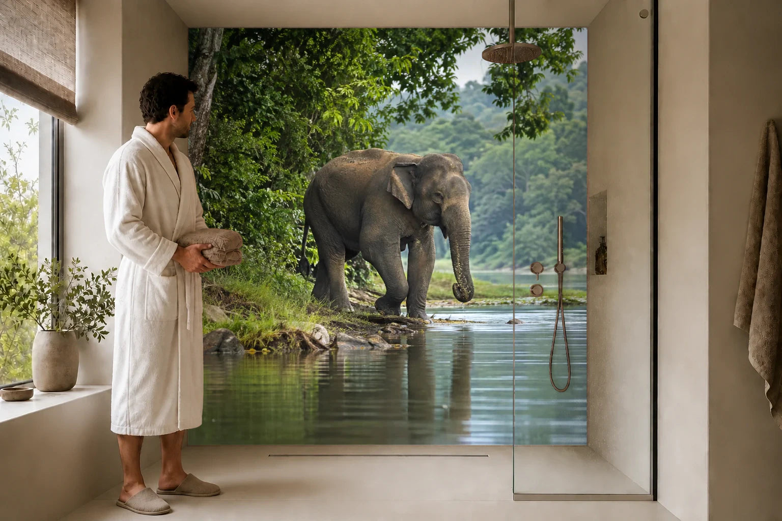 Duschrückwand „Asiatischer Elefant am Waldufer“ in einer Dusche mit einem Mann im Bademantel