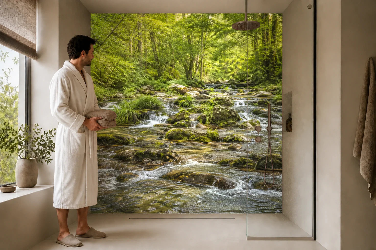 Duschrückwand „Mooskaskade im Waldlicht“ in einer Dusche mit einem Mann im Bademantel