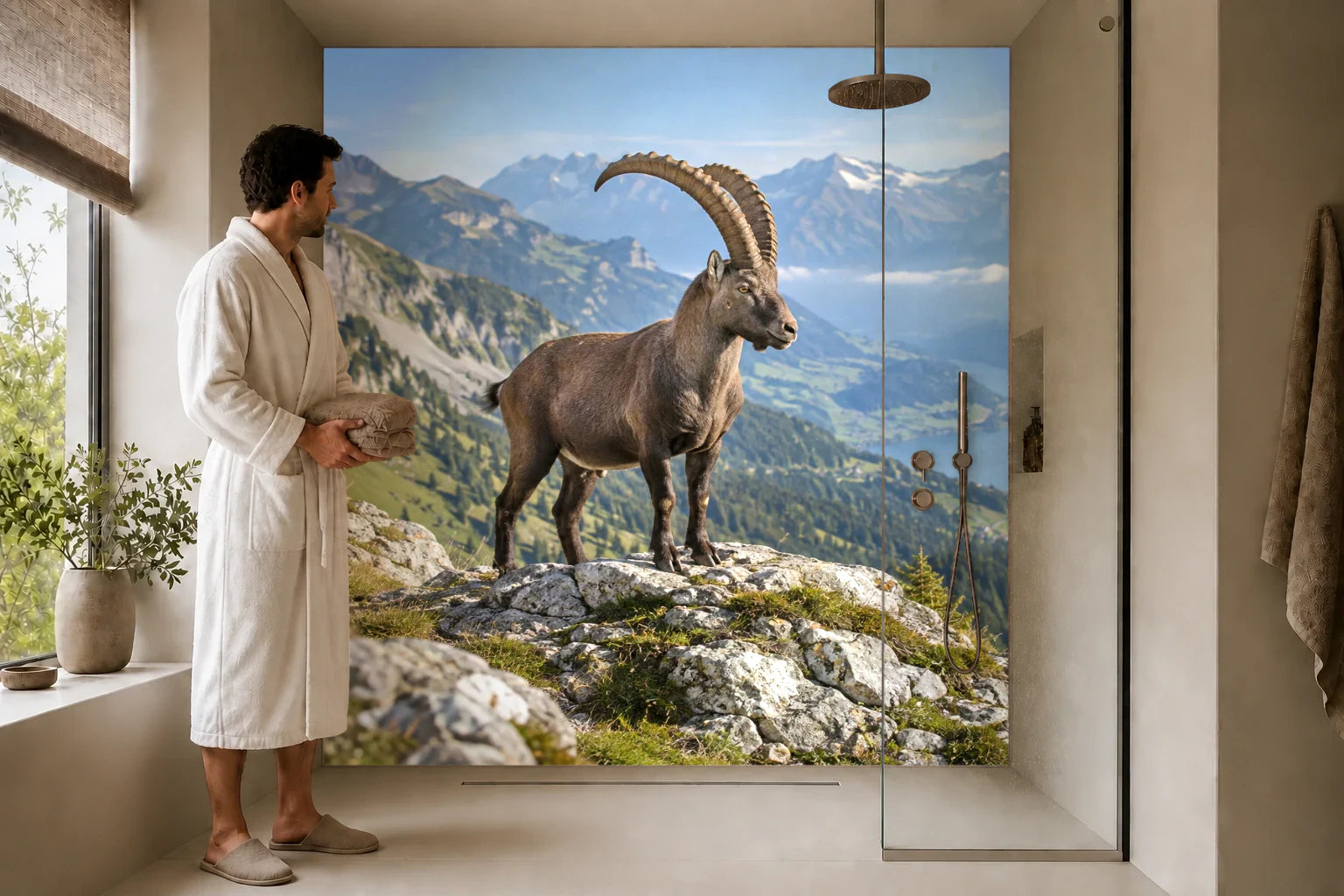 Duschrückwand „Steinbock auf einer Alpenkante“ in einer Dusche mit einem Mann im Bademantel