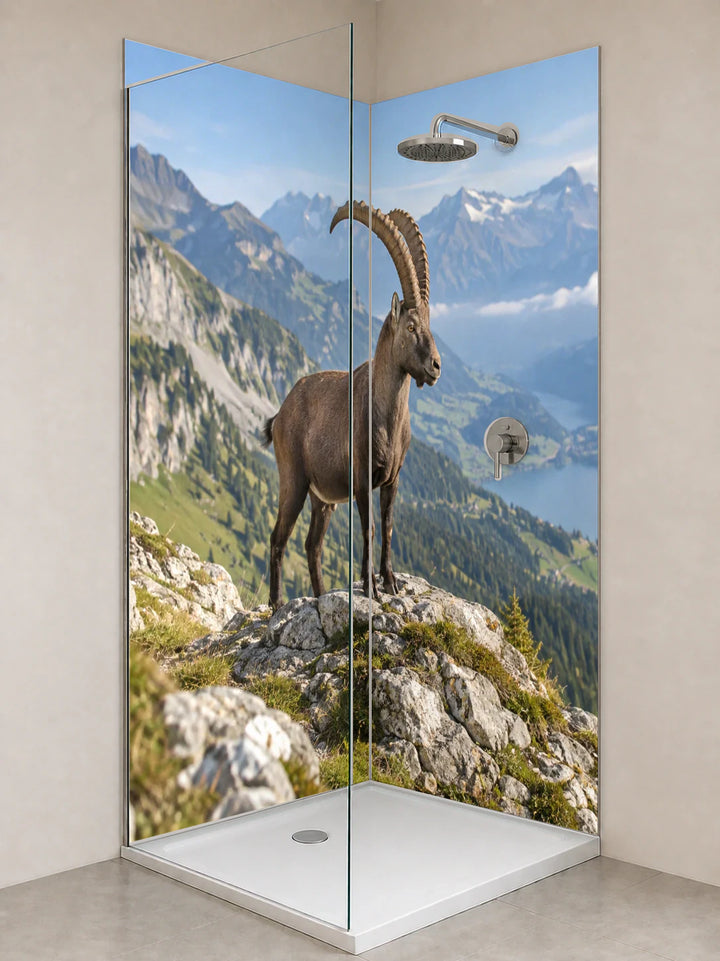 Duschrückwand „Steinbock auf einer Alpenkante“ als installierte Rückwand in einer hellen Dusche
