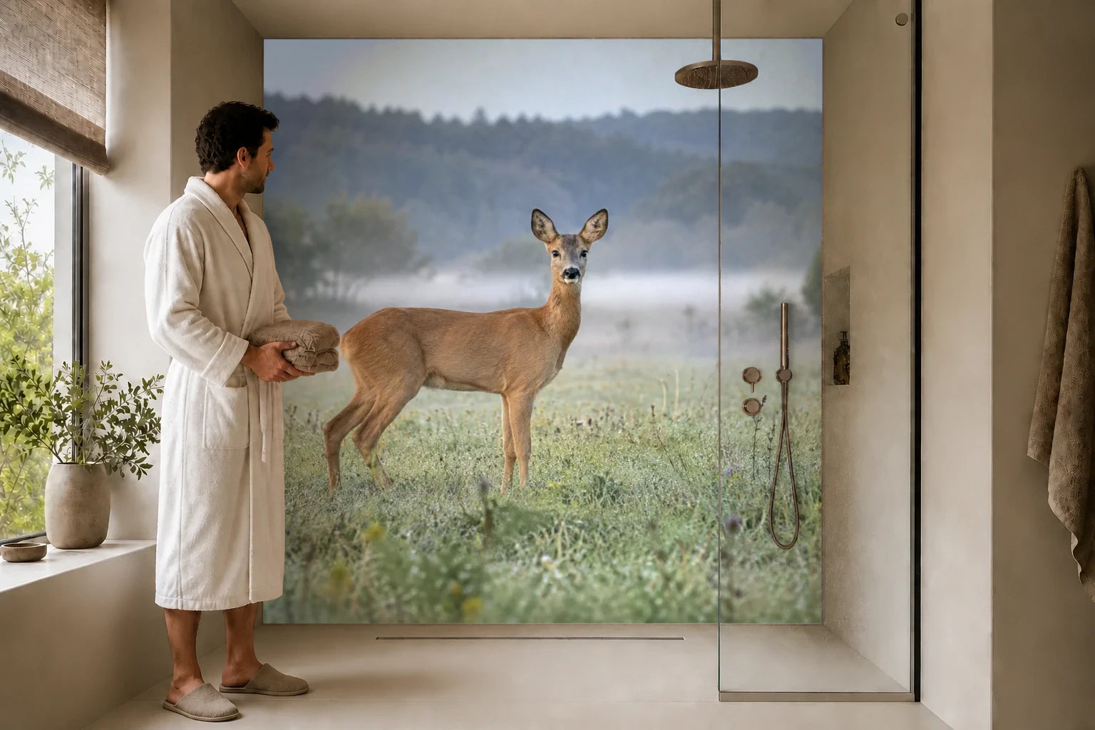 Duschrückwand „Reh am nebligen Wiesenrand“ in einer Dusche mit einem Mann im Bademantel