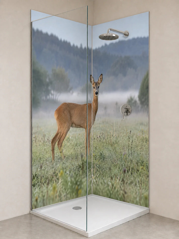 Duschrückwand „Reh am nebligen Wiesenrand“ als installierte Rückwand in einer hellen Dusche