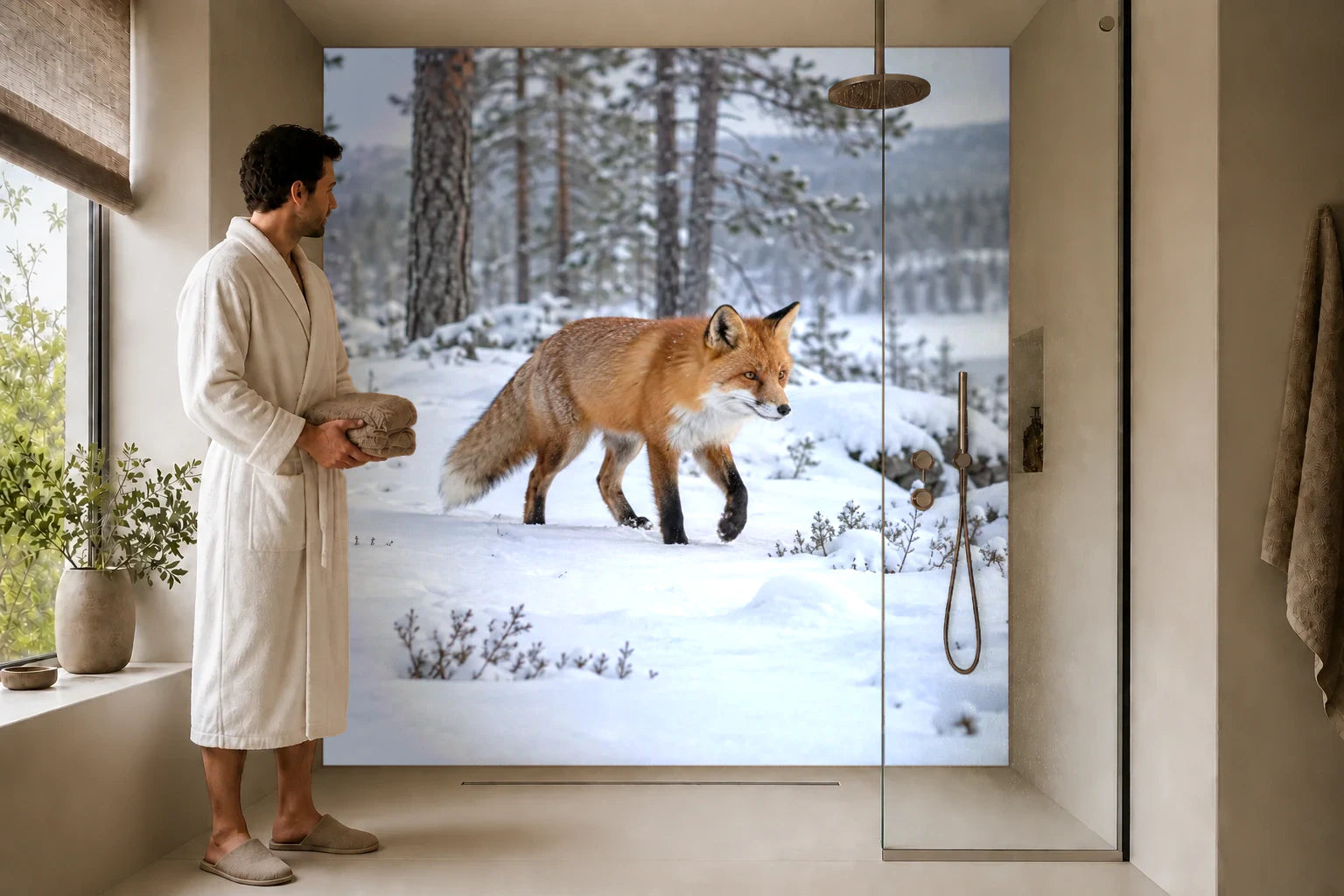 Duschrückwand „Rotfuchs im finnischen Schnee“ in einer Dusche mit einem Mann im Bademantel