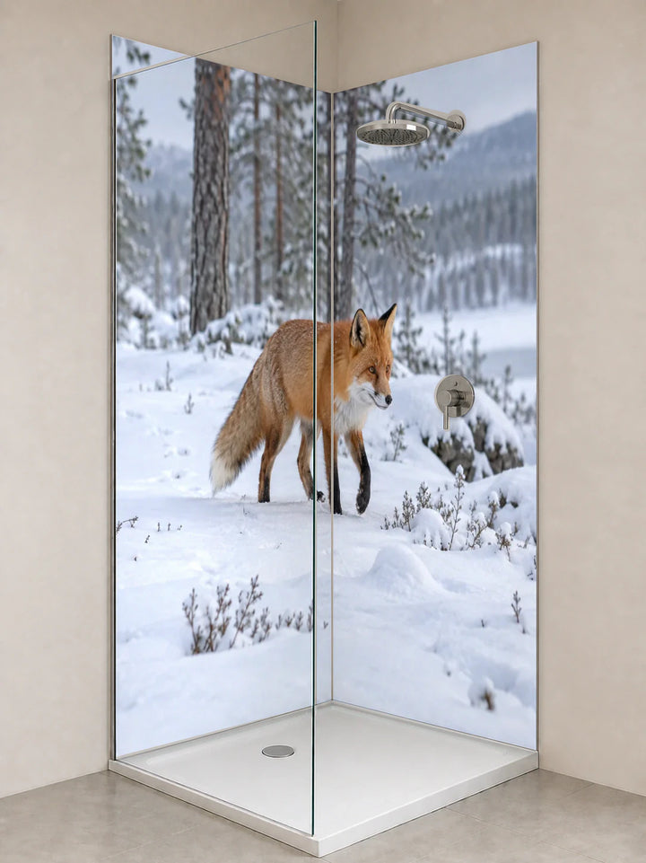 Duschrückwand „Rotfuchs im finnischen Schnee“ als installierte Rückwand in einer hellen Dusche