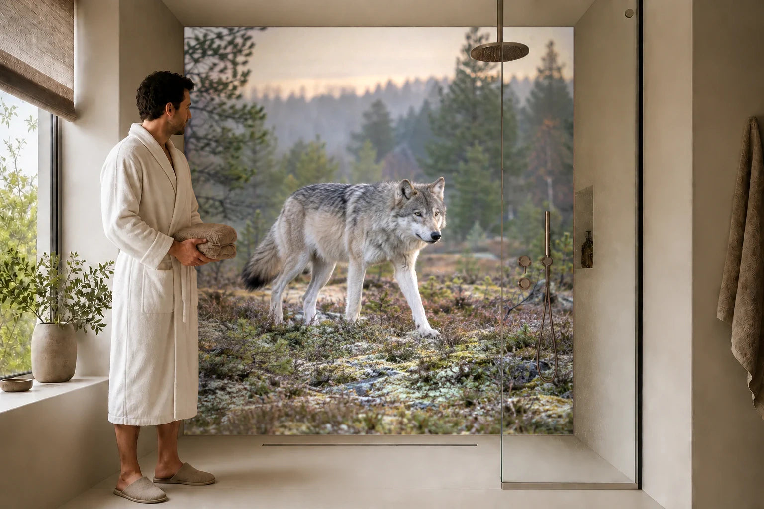 Duschrückwand „Wolf am schwedischen Waldrand“ in einer Dusche mit einem Mann im Bademantel