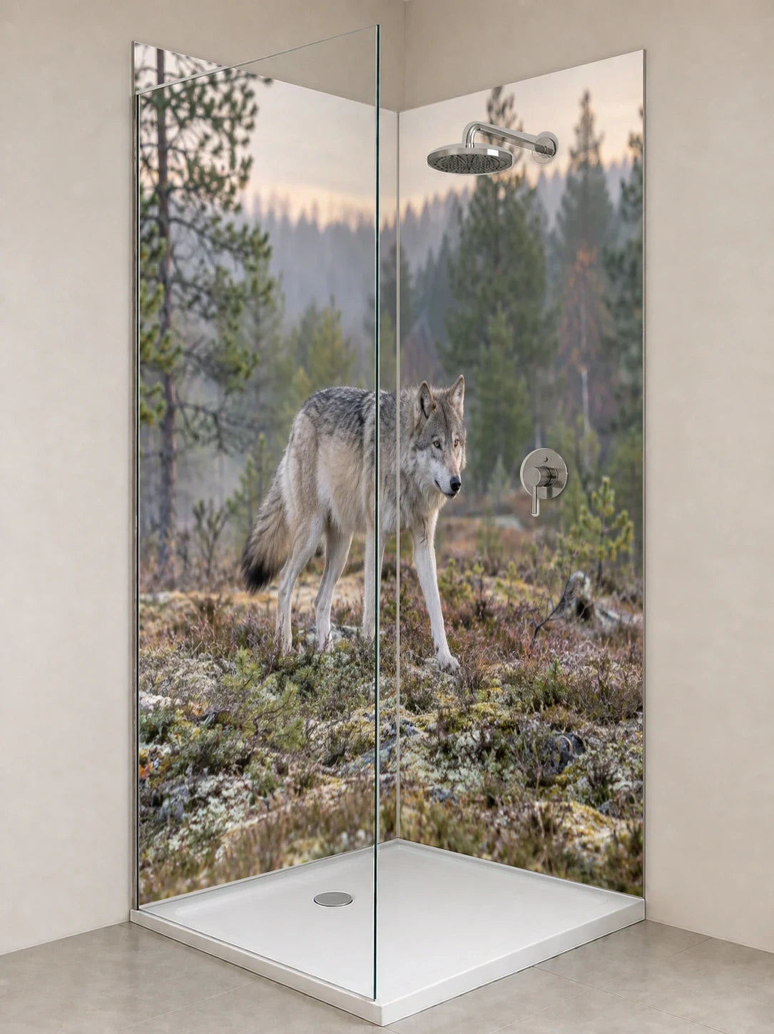Duschrückwand „Wolf am schwedischen Waldrand“ als installierte Rückwand in einer hellen Dusche